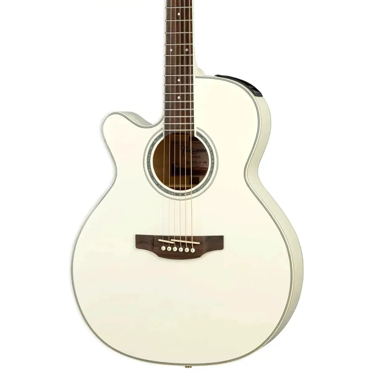 Left-handed Takamine GN37CELH Pearl White acoustic-electric guitar with NEX cutaway body.