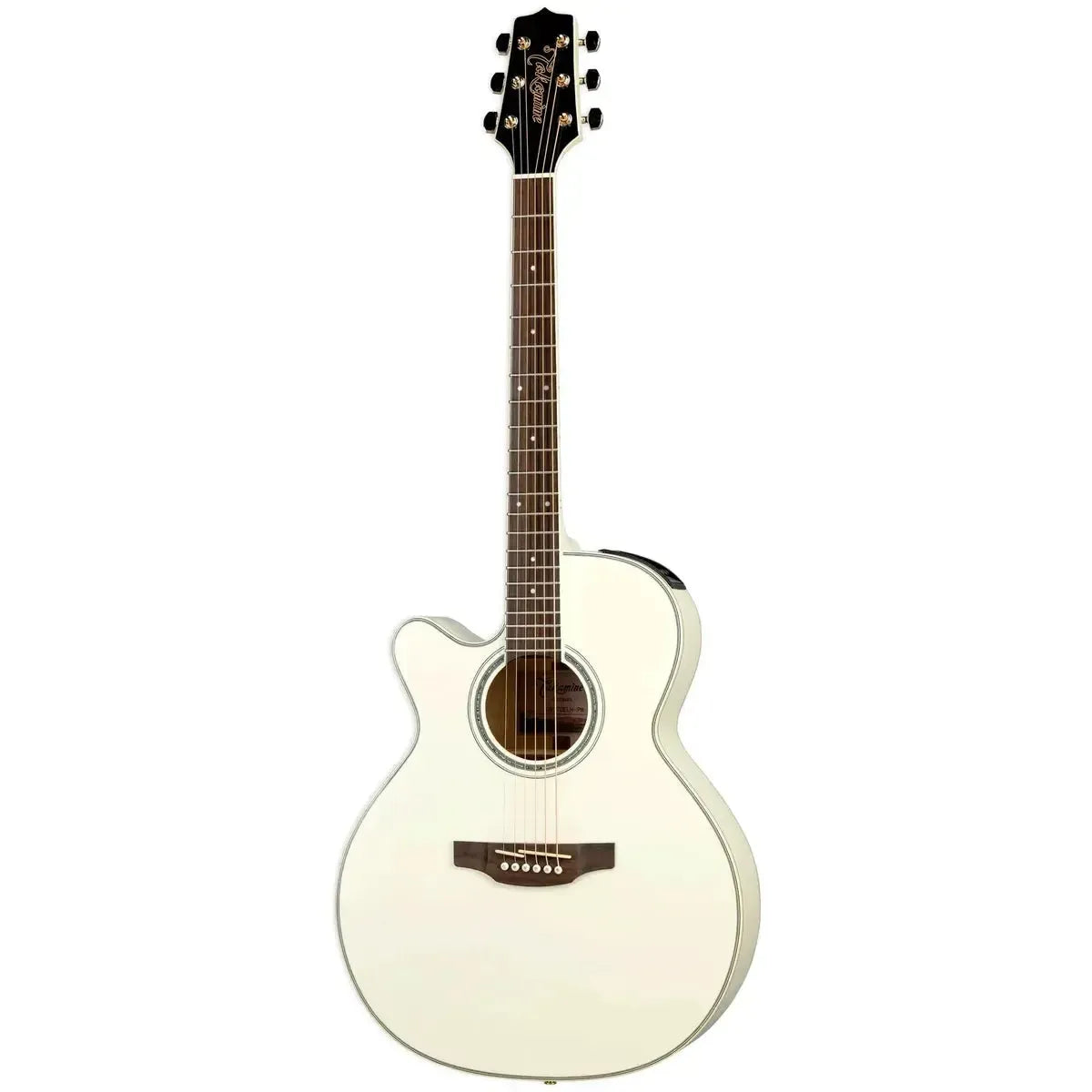 Left-handed Takamine GN37CELH Pearl White acoustic-electric guitar with NEX cutaway body.