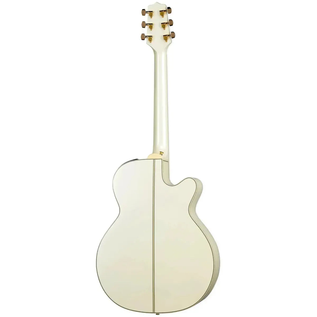 Back of a left-handed Takamine GN37CELH Pearl White acoustic-electric guitar with gold tuners.