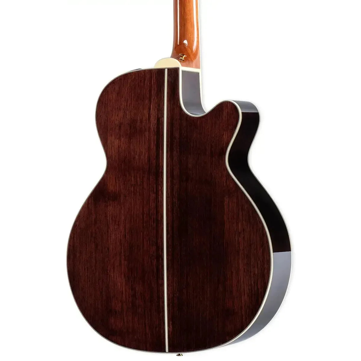 Back of a natural finish Takamine GN51CE-LH left-handed acoustic-electric guitar with dark wood grain.