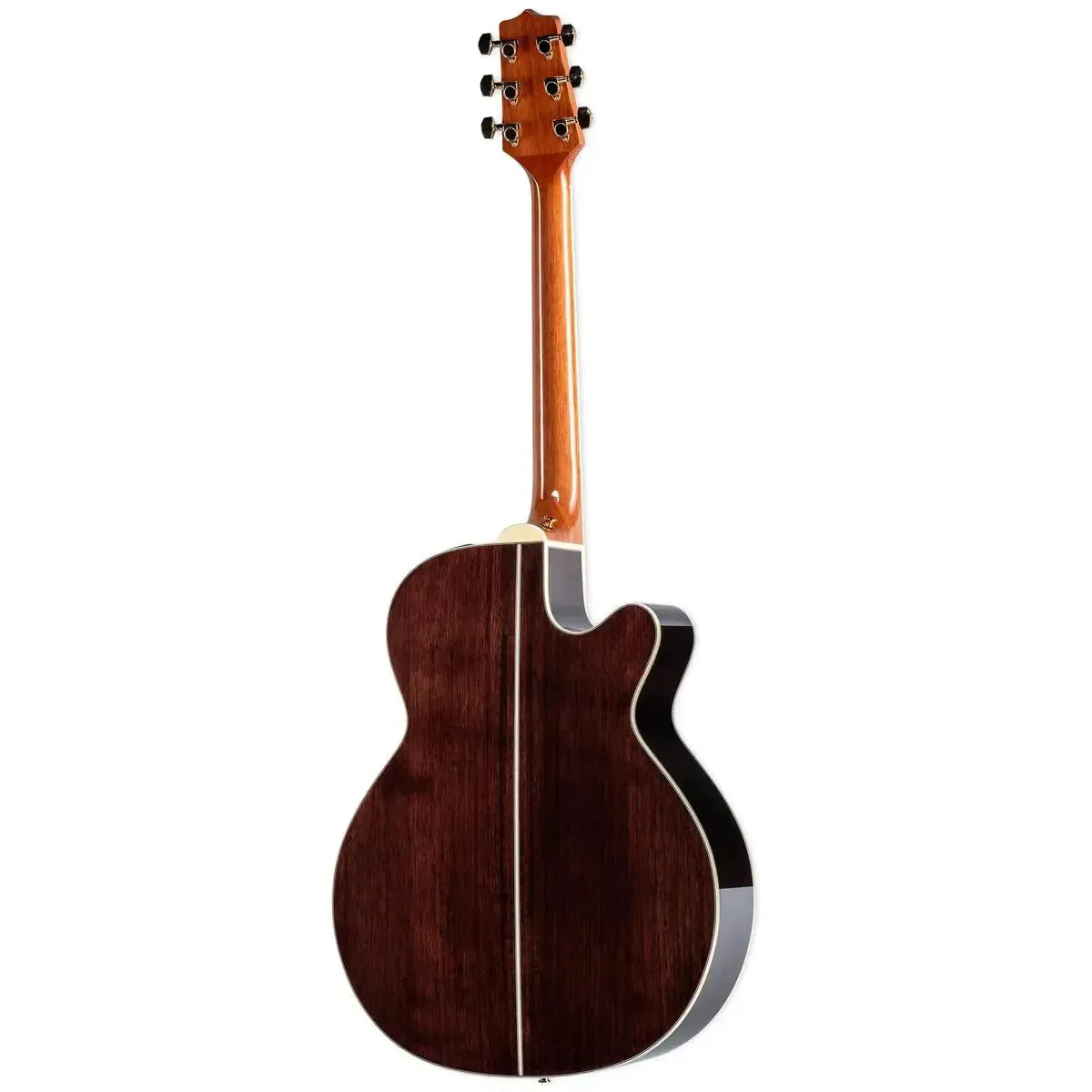 Takamine GN51CE-LH Natural left-handed acoustic-electric guitar, showing dark walnut back and mahogany neck.