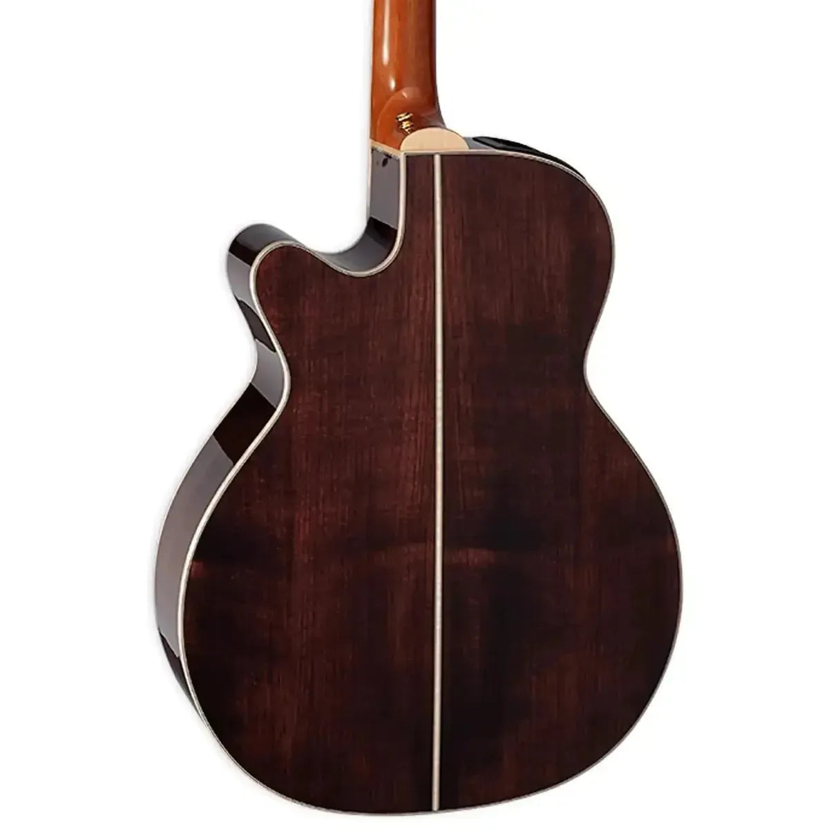 Takamine GN71CE BSB acoustic-electric guitar, back view, showing dark brown walnut wood and light binding.