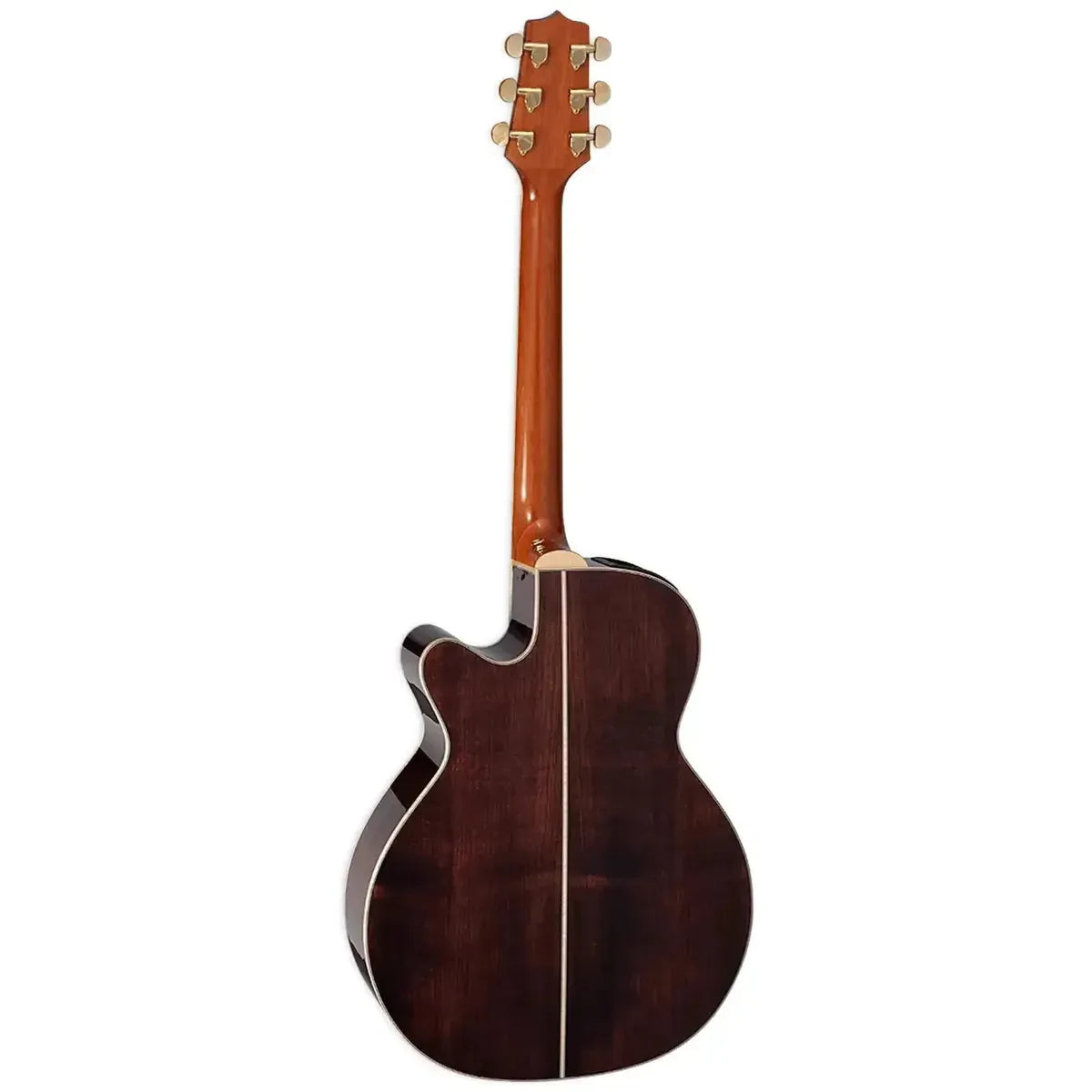 Takamine GN71CE BSB acoustic-electric guitar, back view, brown sunburst finish, gold tuners.