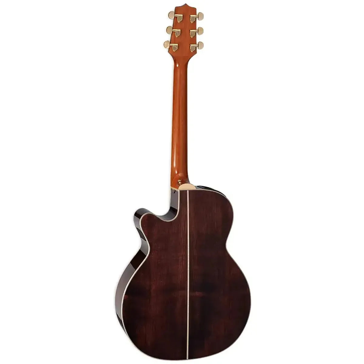 Takamine GN71CE NAT acoustic-electric guitar, back view, showing dark walnut wood and natural mahogany neck.