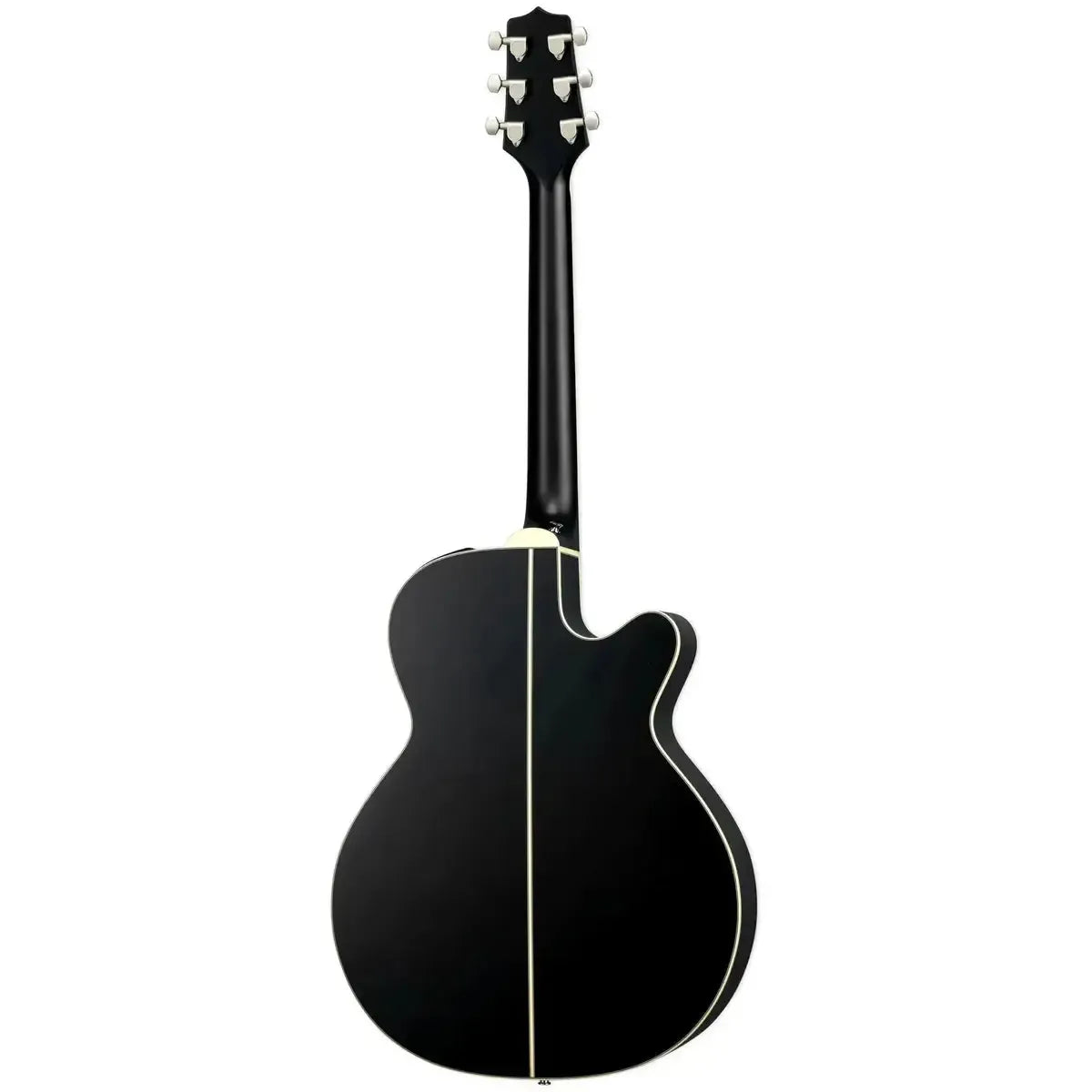 Takamine GN73CELH SB left-handed acoustic-electric guitar, satin black finish, back view.