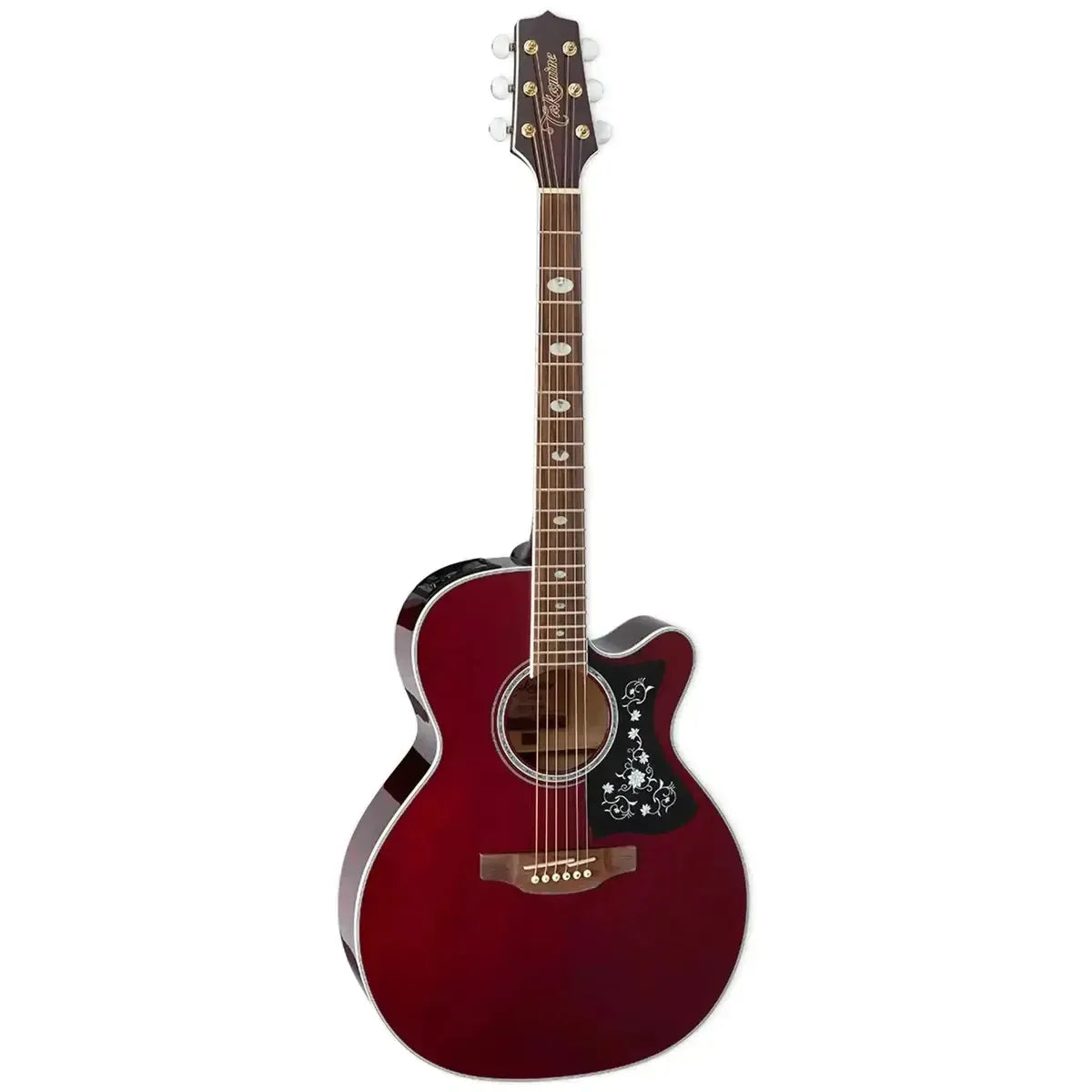 Takamine GN75CE WR acoustic-electric guitar in wine red with "Grass Flower" pickguard and oval pearloid inlays.