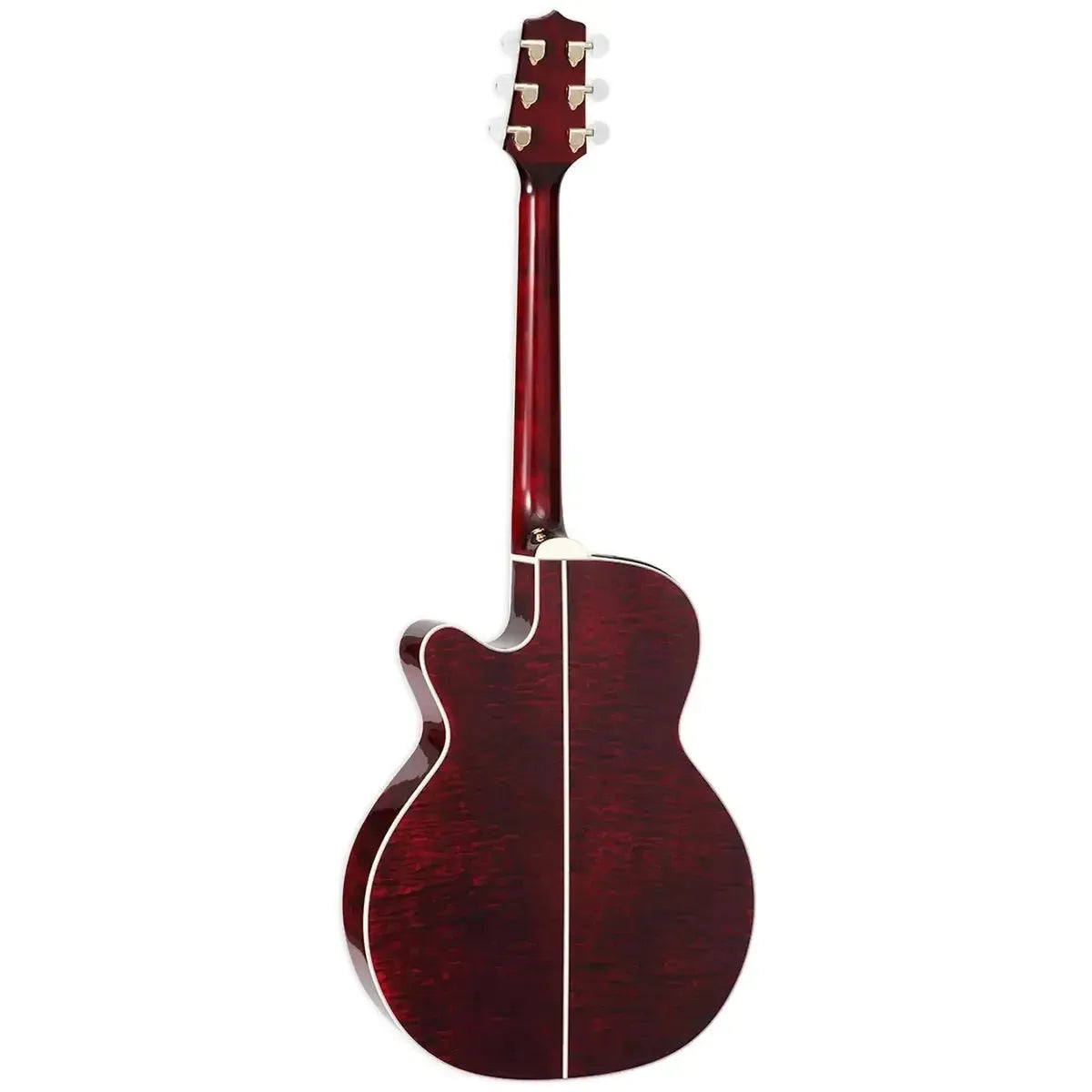 Takamine GN75CE WR acoustic-electric guitar, wine red quilt maple back and sides, white binding.