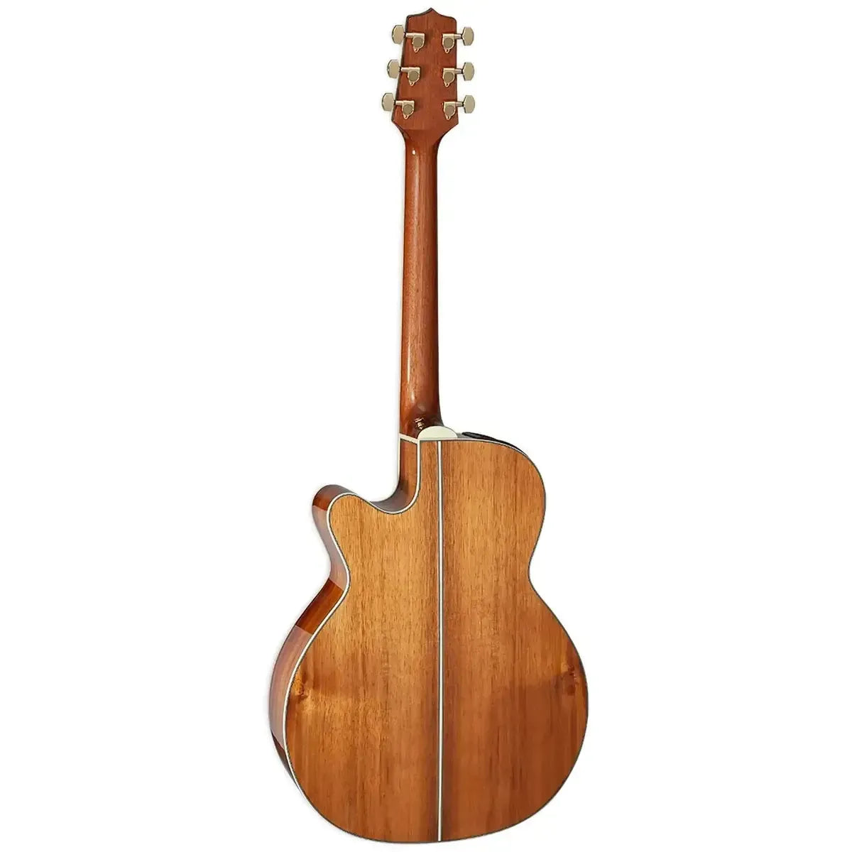 Takamine GN77KCE NAT Koa Acoustic-Electric Guitar, back view, natural gloss finish, mini-jumbo NEX cutaway body.