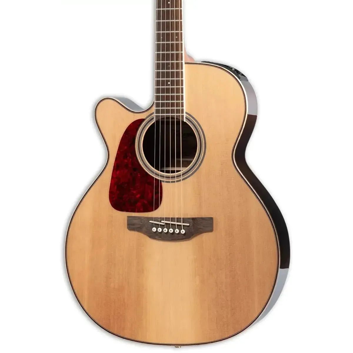 Takamine GN93CE-LH Natural left-handed acoustic-electric guitar with light wood body and red pickguard.