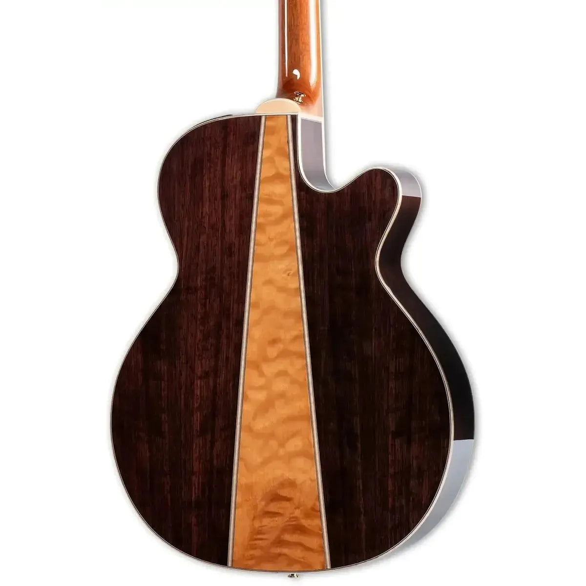 Back of a Takamine GN93CE-LH Natural acoustic-electric guitar with dark wood and quilt maple.