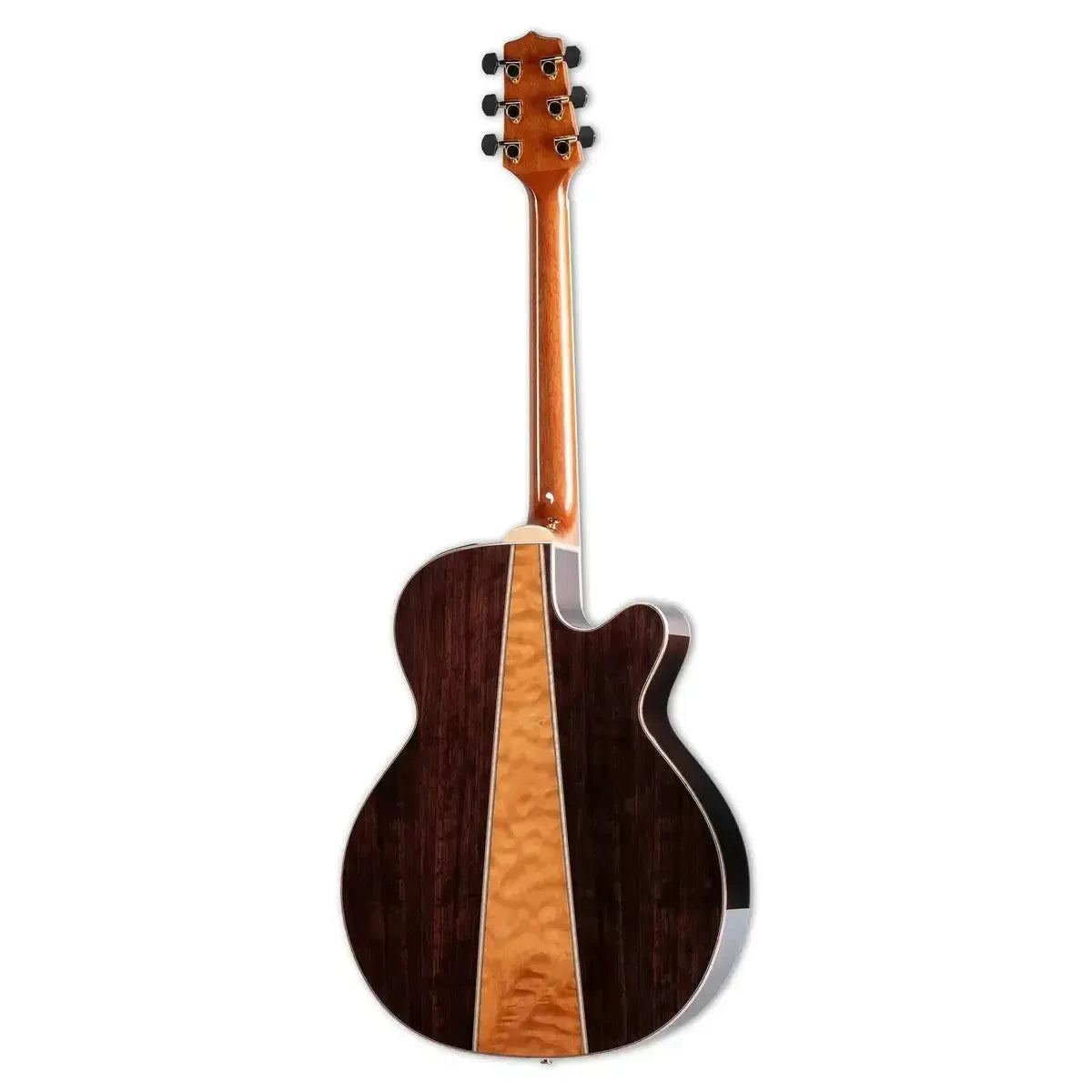 Back of a left-handed Takamine GN93CE-LH Natural acoustic-electric guitar with dark walnut and quilt maple back.