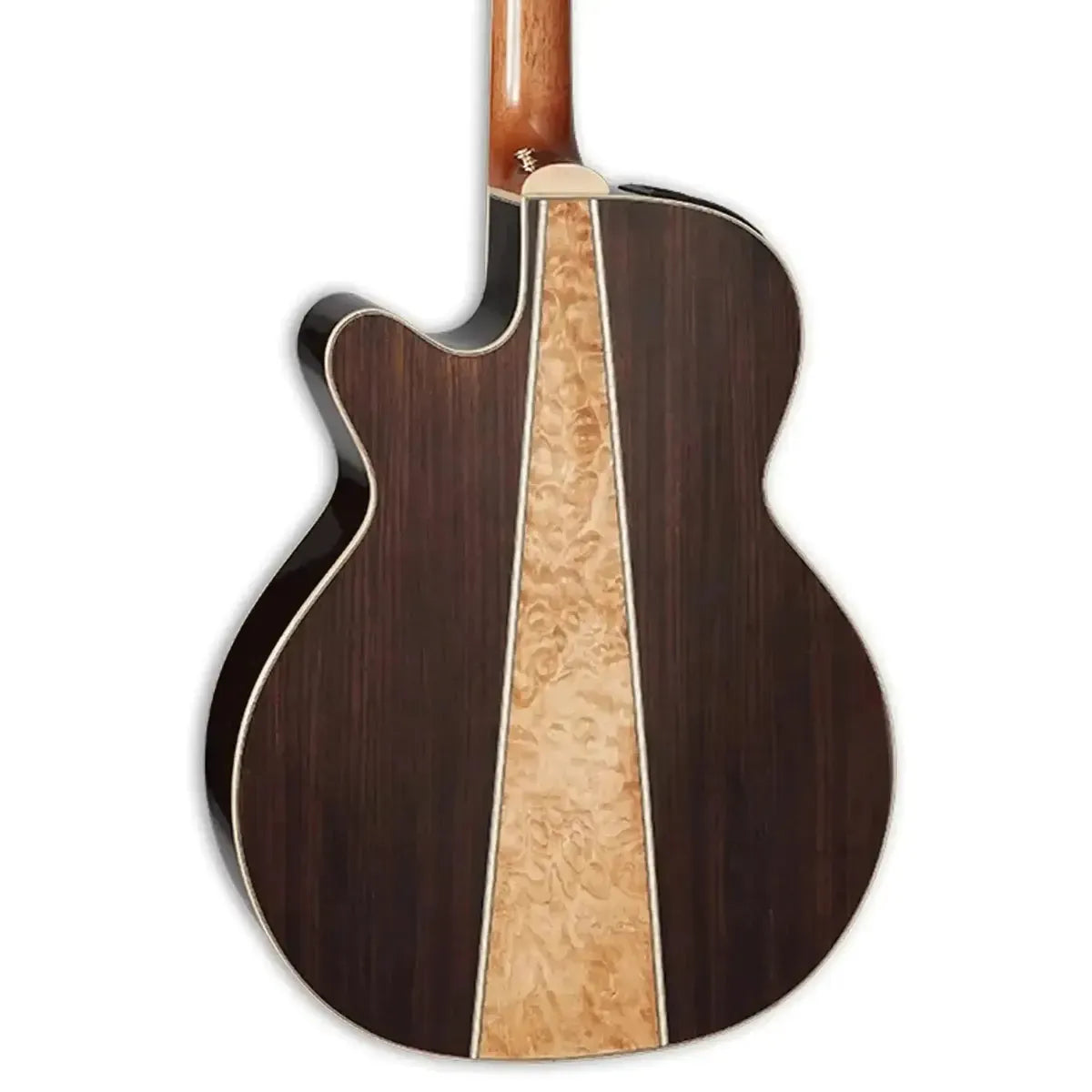 Takamine GN93CE Natural Acoustic-Electric Guitar back with dark walnut and quilt maple.