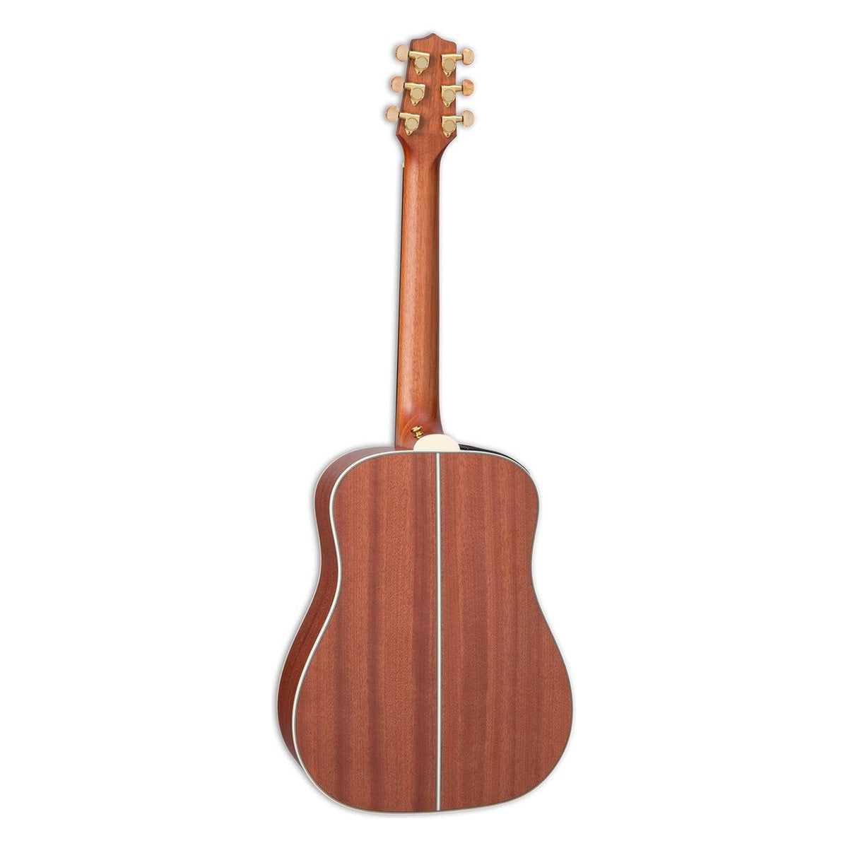 Back and neck of the Takamine GP3HSE travel dreadnought in reddish-brown sapele wood, standing upright.