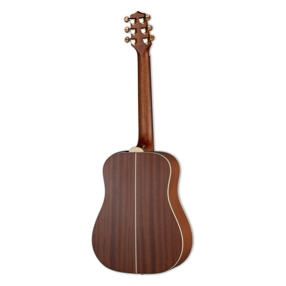Back of the Takamine GP3HSE left-handed guitar in reddish-brown sapele with an ivory center stripe and gold tuners on the headstock.