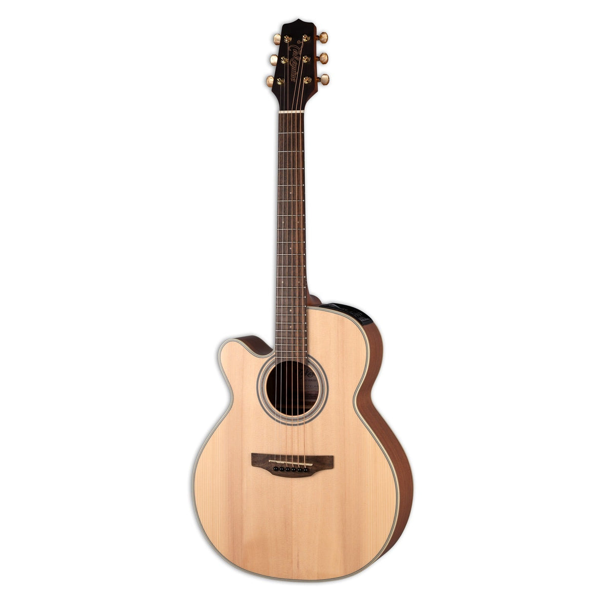 Takamine GX31CE left-handed mini-NEX cutaway acoustic-electric travel guitar with a natural spruce top and gold tuners, standing upright.