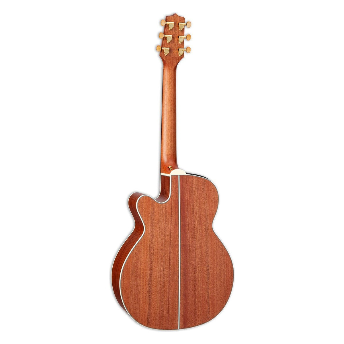 Back and neck of the Takamine GX31CE travel guitar in reddish-brown sapele wood with the cutaway on the lower bout, standing upright.