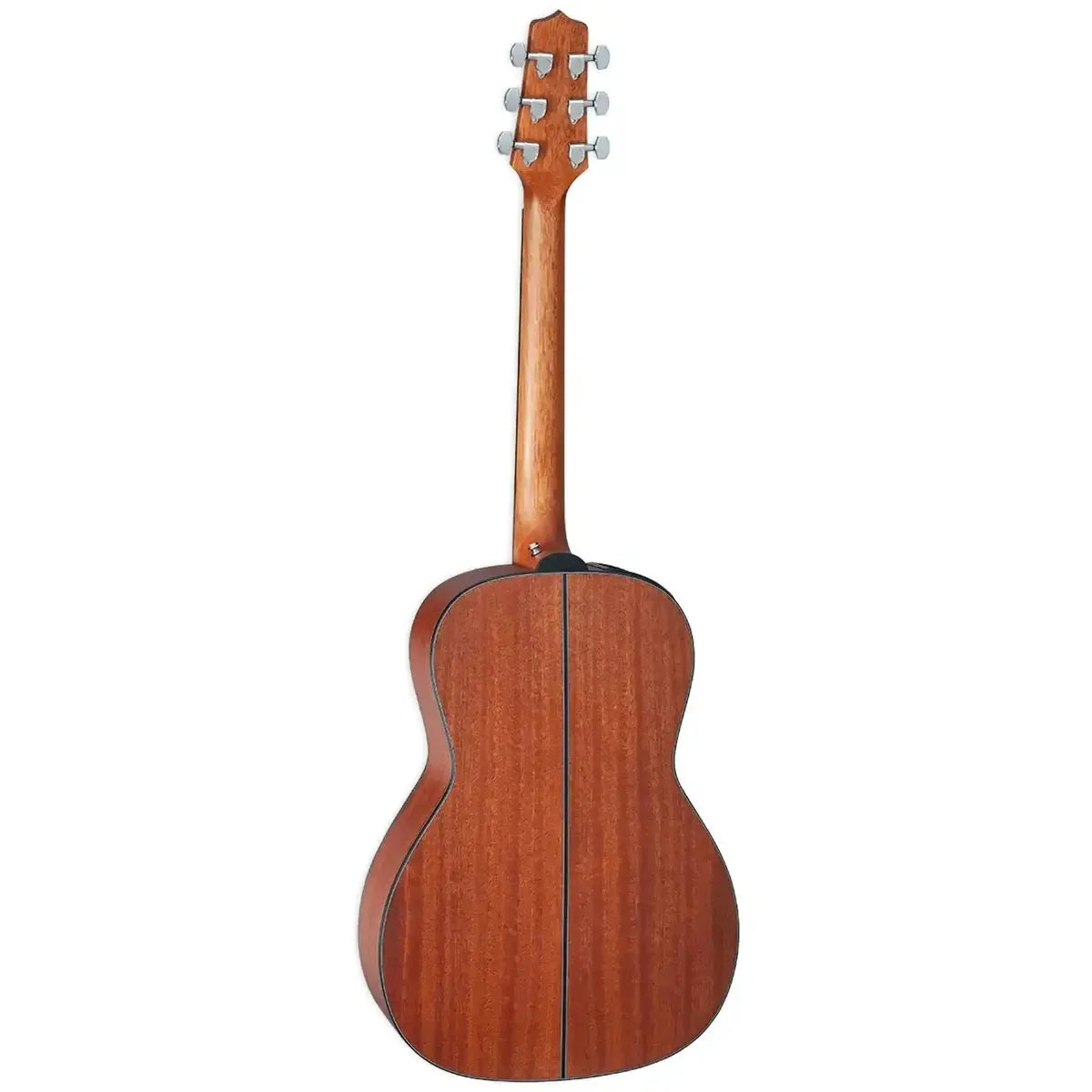 Takamine GY11ME NS New Yorker acoustic-electric guitar, back view, natural satin sapele wood finish.
