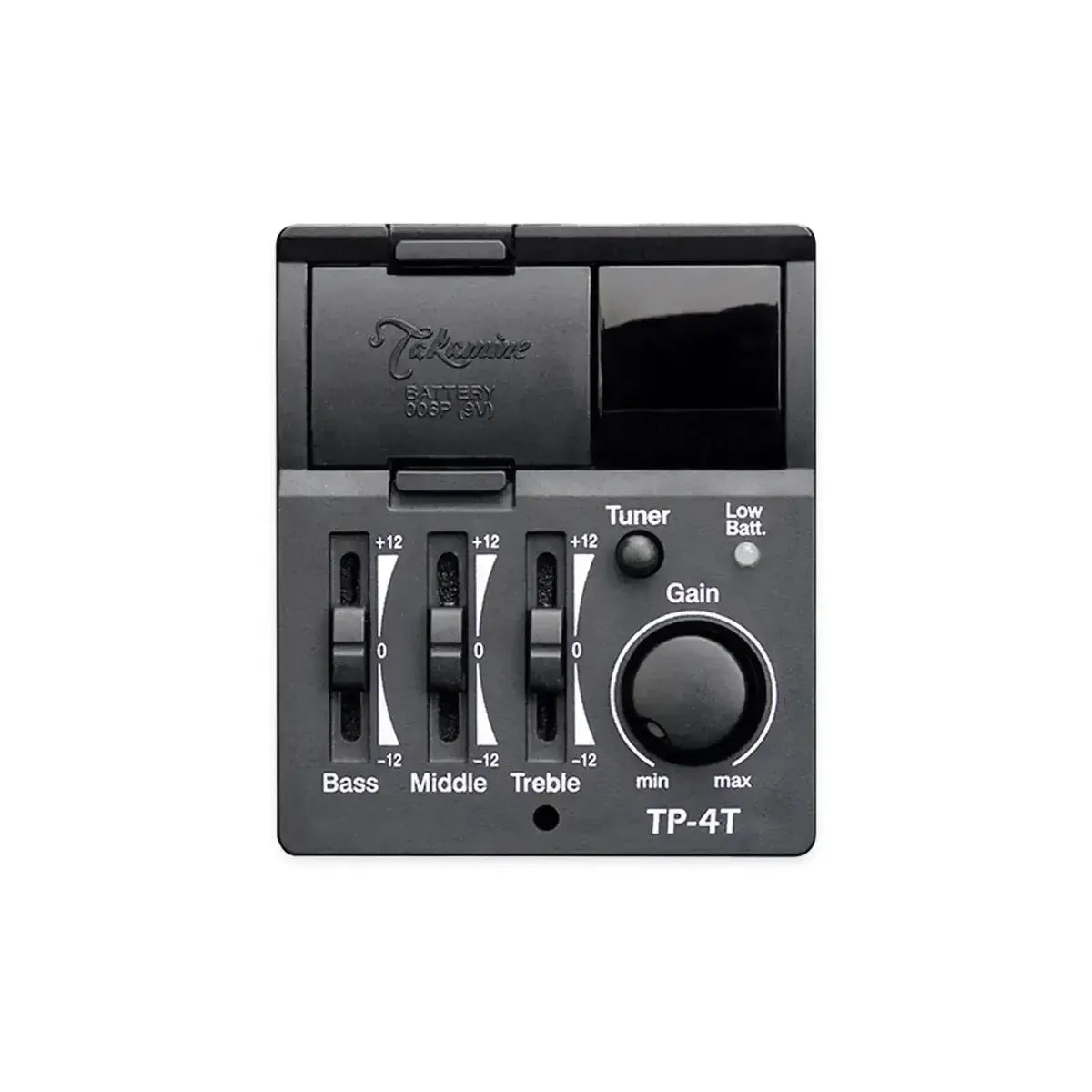 Takamine TP-4T preamp with tuner, gain, and 3-band EQ sliders for acoustic-electric guitars.
