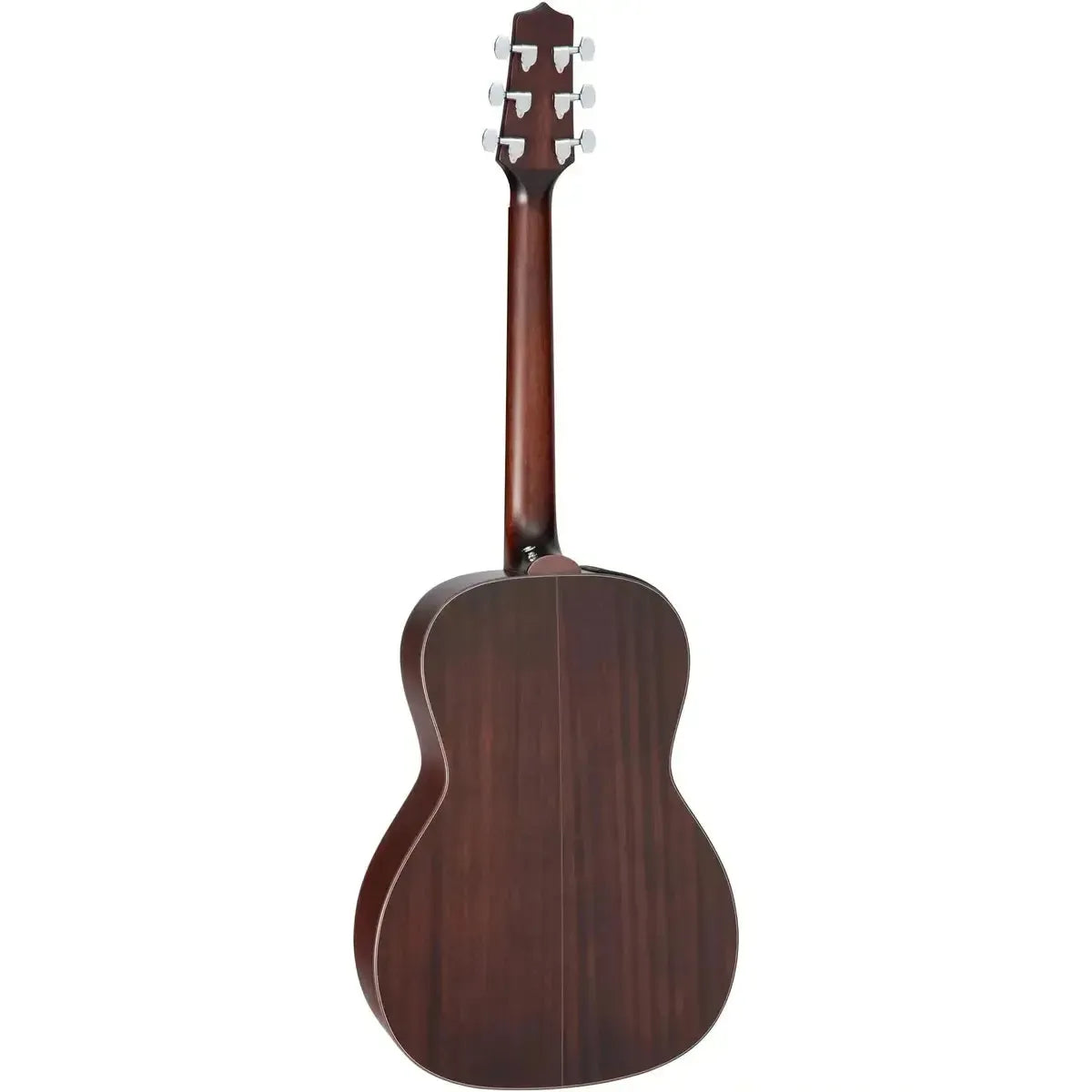 Takamine GY21E New Yorker acoustic-electric guitar, back view, dark molasses finish, mahogany neck, sapele back and sides.