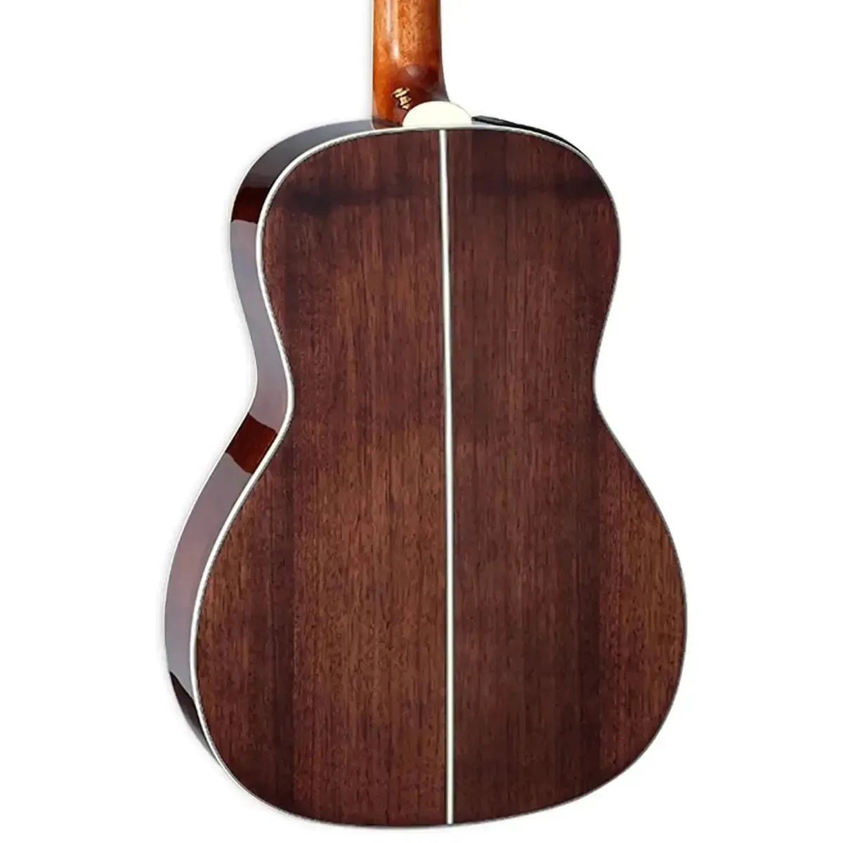 Takamine GY51E New Yorker acoustic-electric guitar back, natural black walnut wood with white binding.