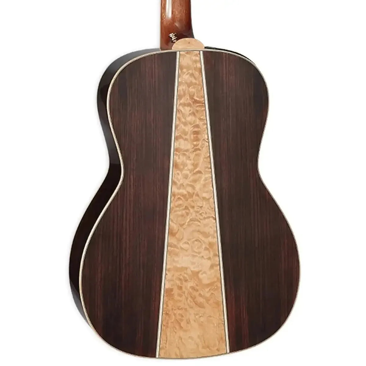 Takamine GY93 NAT acoustic guitar back with dark walnut and light quilt maple three-piece design.