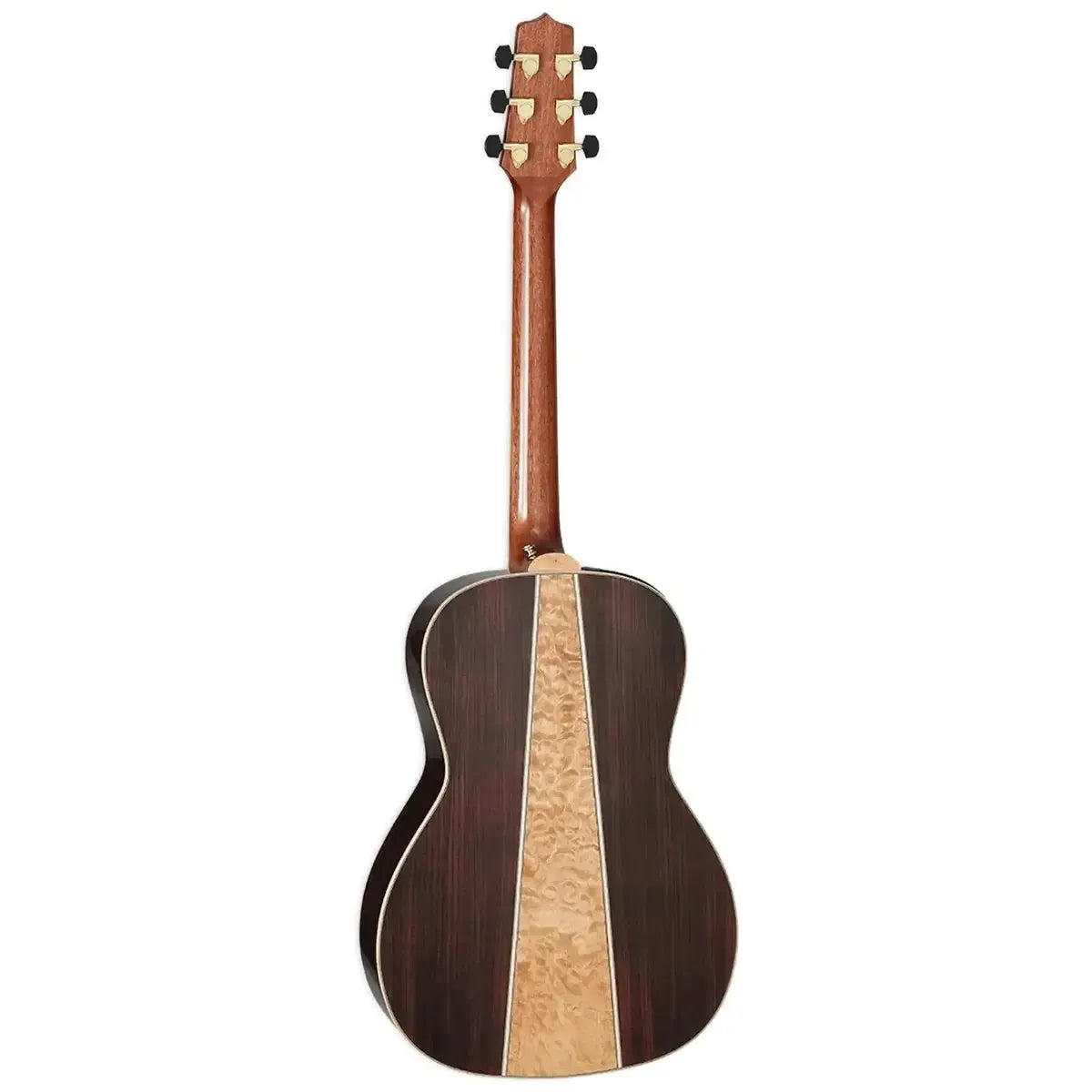 Takamine GY93 NAT Natural Acoustic Guitar, back view, showing dark black walnut and quilt maple three-piece back.