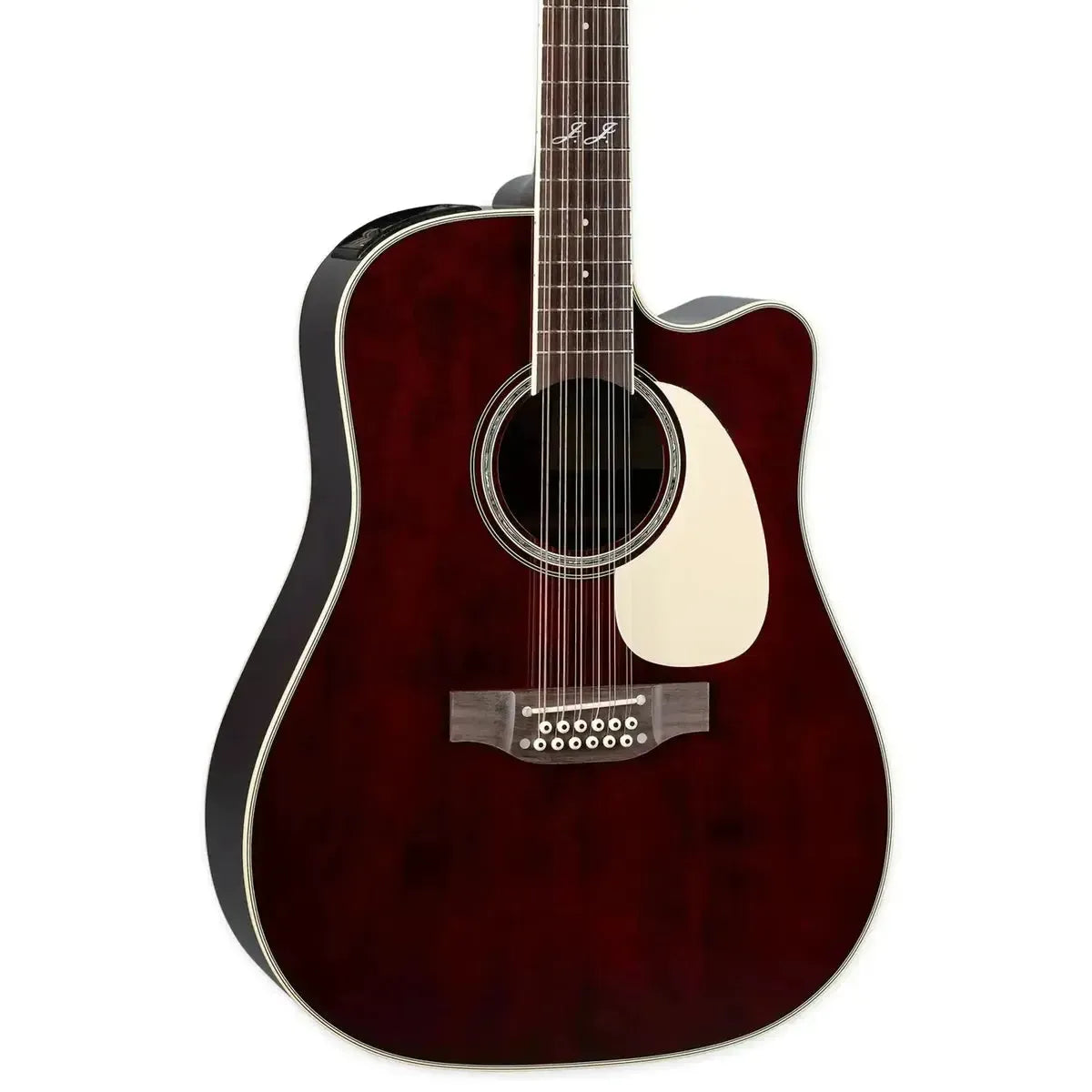 Takamine JJ325SRCL-12 12-string acoustic-electric guitar with gloss red finish and ivory binding.