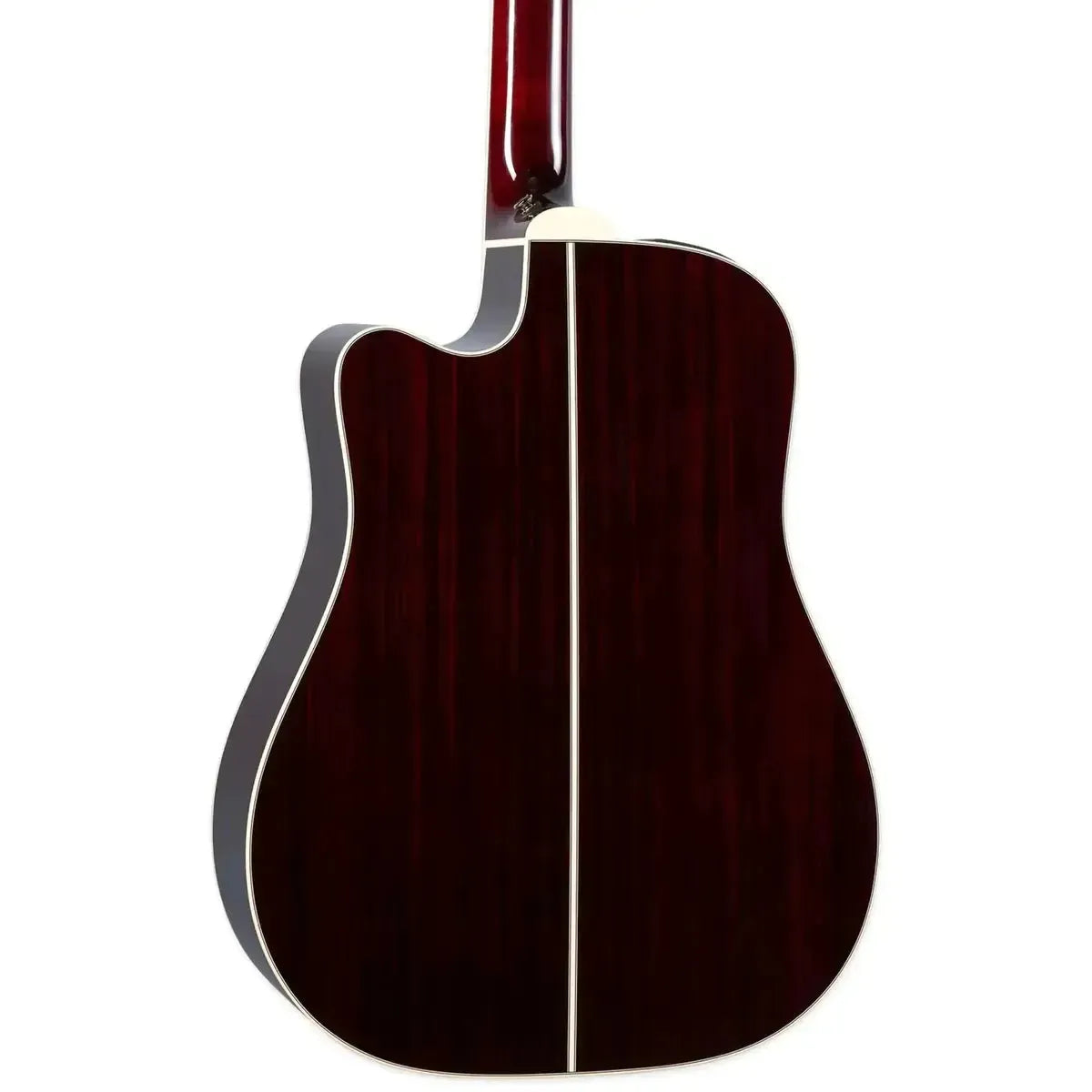 Takamine JJ325SRCL-12 12-string acoustic-electric guitar, back view, with gloss red Wonder Rosewood and ivory binding.