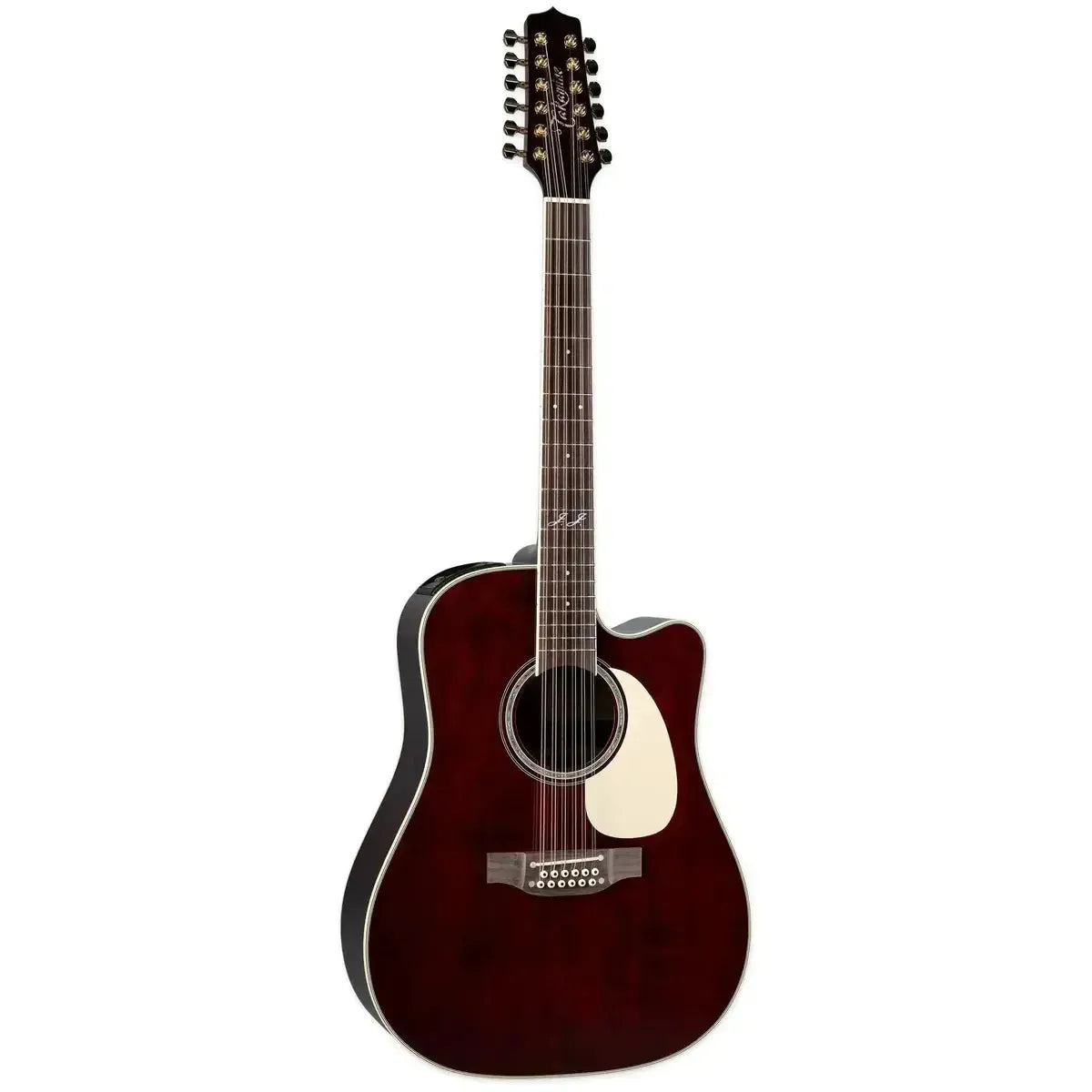 Takamine JJ325SRCL-12 12-string acoustic-electric guitar with a gloss red finish and white pickguard.