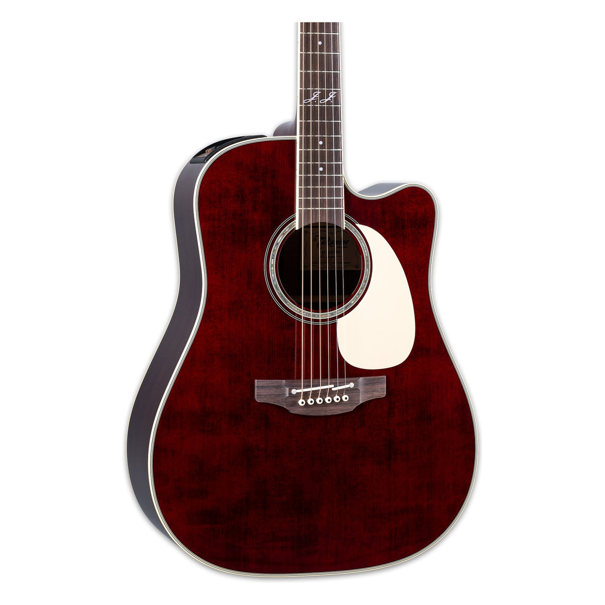 Front of the Takamine JJ325SRCL body in a gloss red stain finish: solid spruce top, cutaway, soundhole rosette and the lower fretboard.