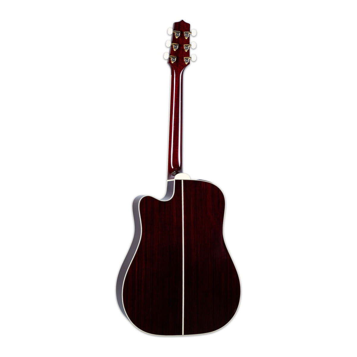 Full back view of the Takamine JJ325SRCL showing the mahogany neck and the Wonder Rosewood back.