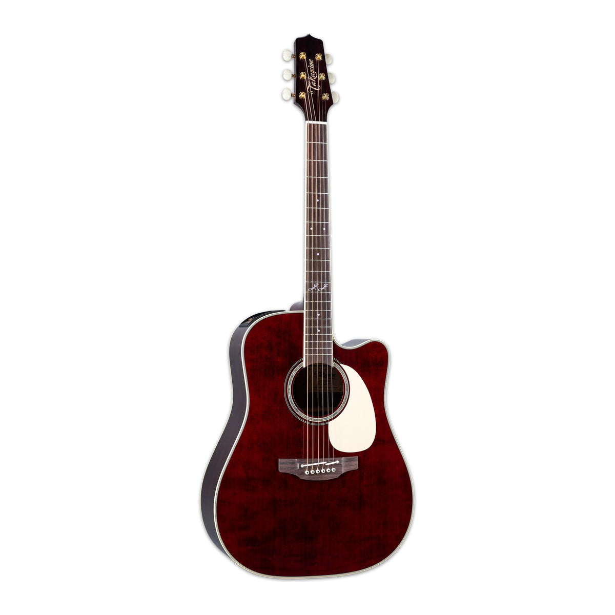 Full front view of the Takamine JJ325SRCL dreadnought cutaway guitar standing upright with the headstock at the top.