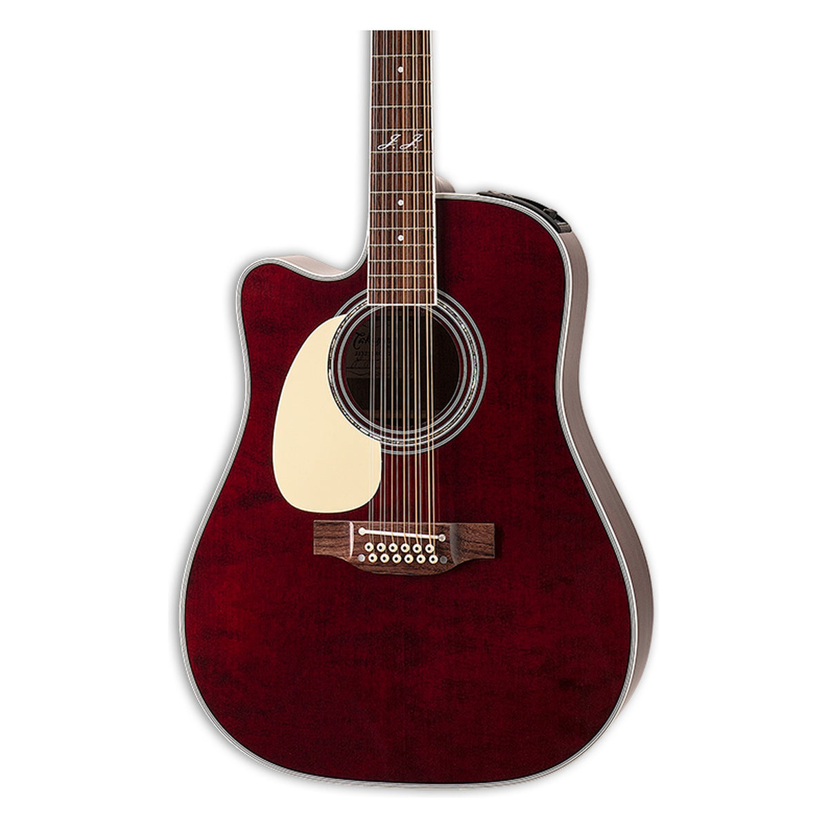 Front of the left-handed Takamine JJ325SRCL-12 LH body in a gloss red stain finish: solid spruce top, cutaway, soundhole rosette and the lower fretboard.