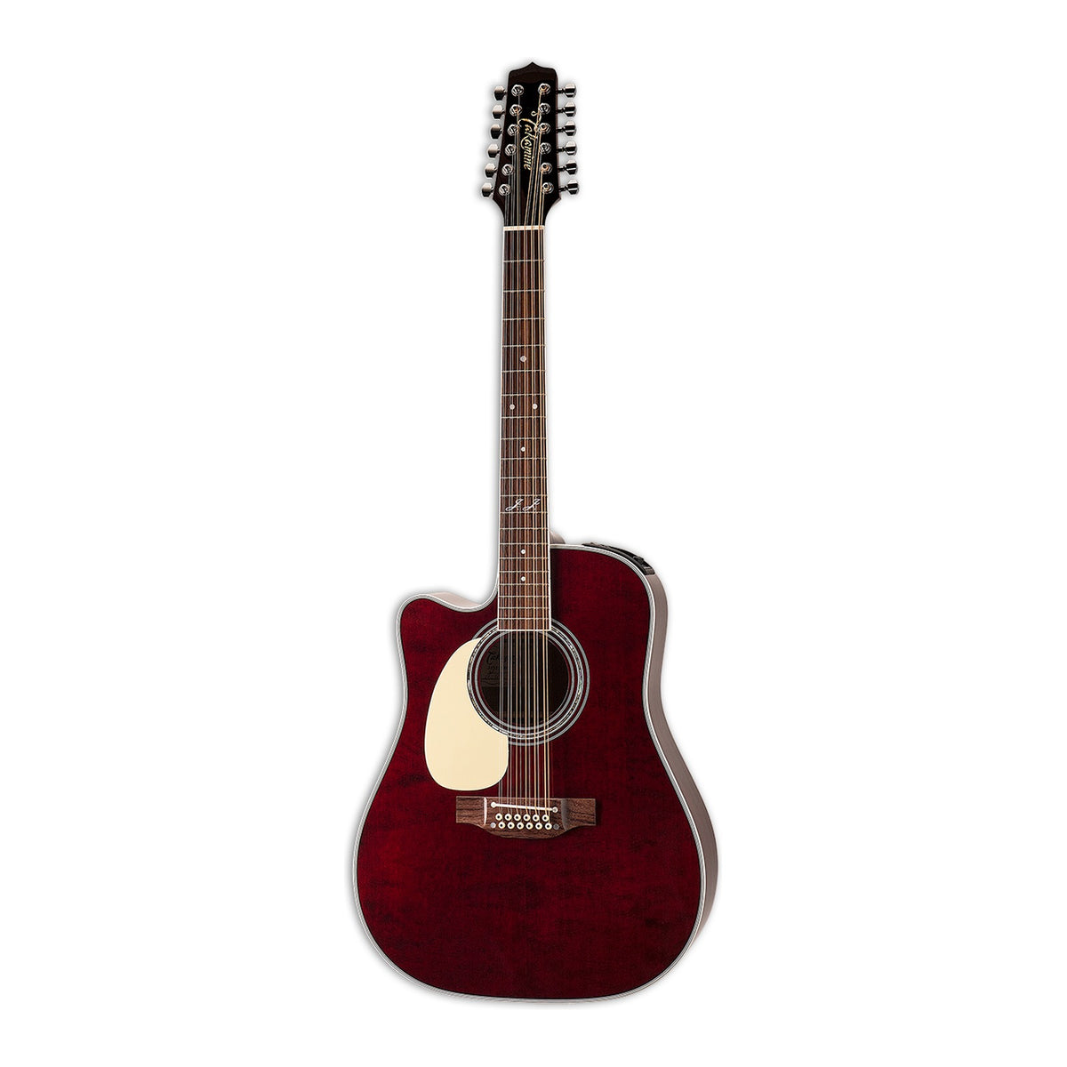 Full front view of the left-handed Takamine JJ325SRCL-12 LH dreadnought cutaway guitar standing upright with the headstock at the top.