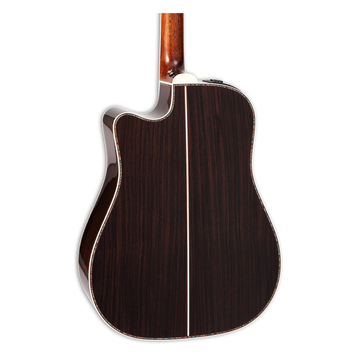 Back of the Takamine P10DC body showing the solid East Indian rosewood back and the heel of the mahogany neck.