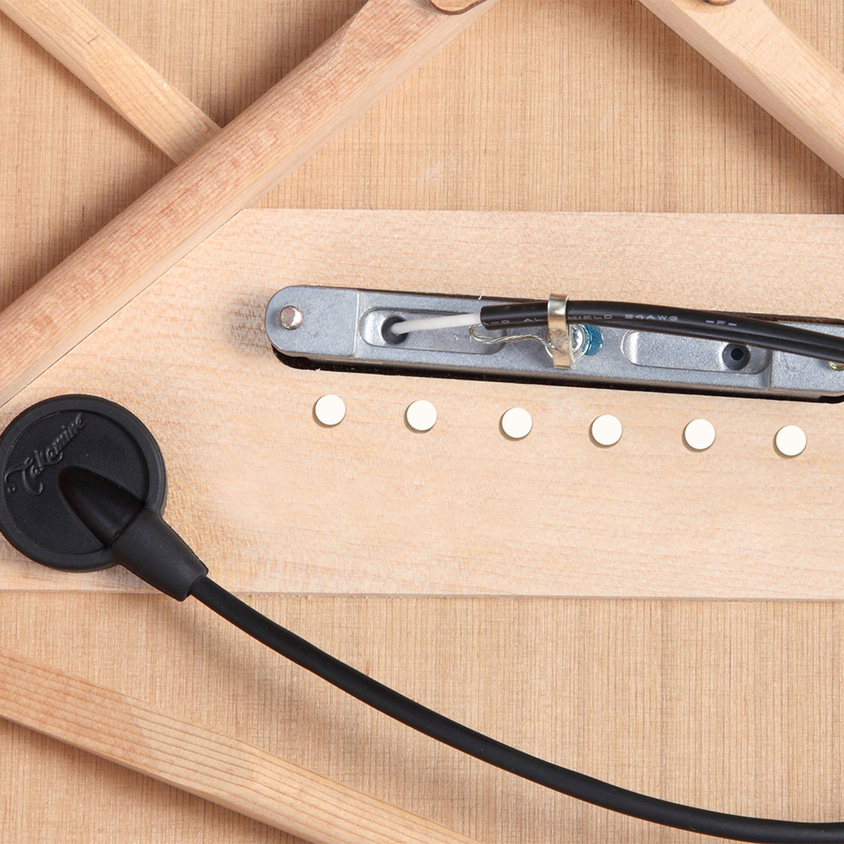 Inside view of the Takamine P10DC soundboard showing the pickup wiring and soundboard transducer.