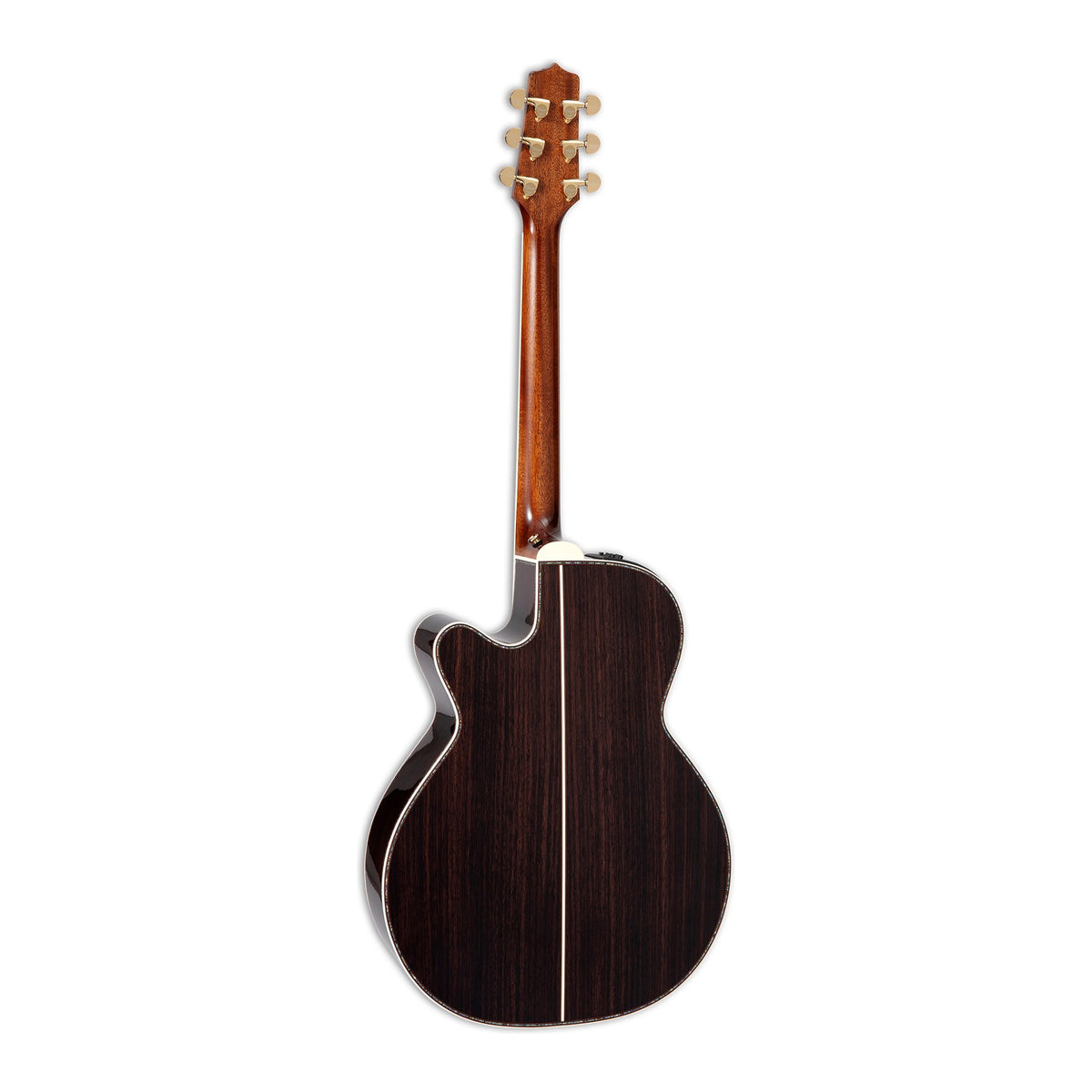 Full back view of the Takamine P10NC showing the mahogany neck and the solid East Indian rosewood back.