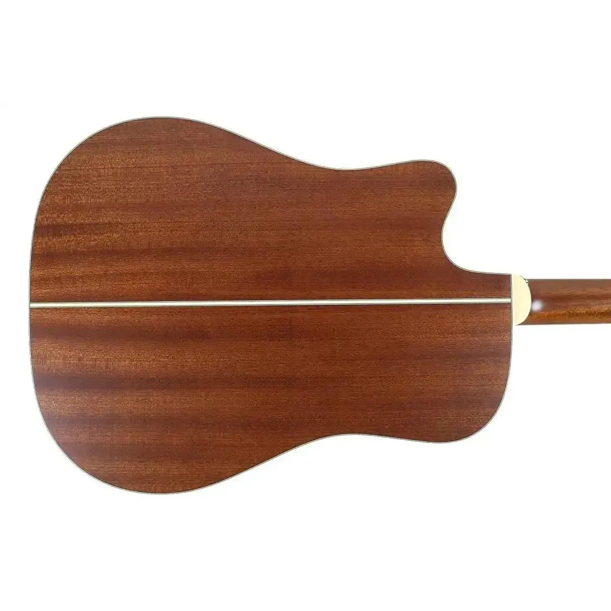 Back of a Takamine P3DC-12 12-string dreadnought acoustic-electric guitar, showing the solid sapele wood grain.