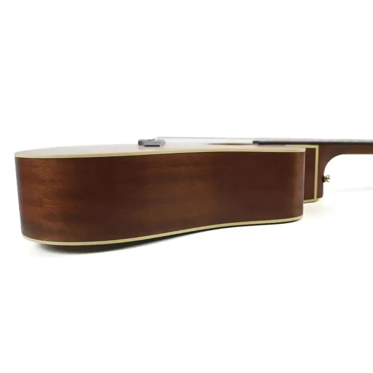 Side view of a Takamine P3DC-12 12-string dreadnought acoustic-electric guitar with dark wood sides and light binding.