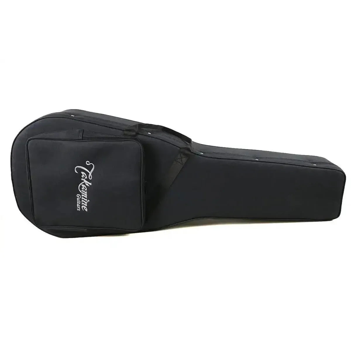 Black Takamine soft guitar case with a front pocket and white "Takamine Guitars" logo.