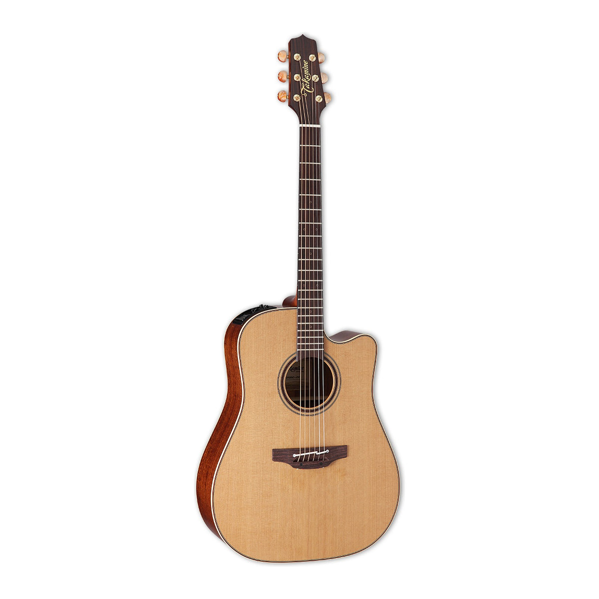 Full front view of the Takamine P3DC dreadnought cutaway guitar standing upright with the headstock at the top.