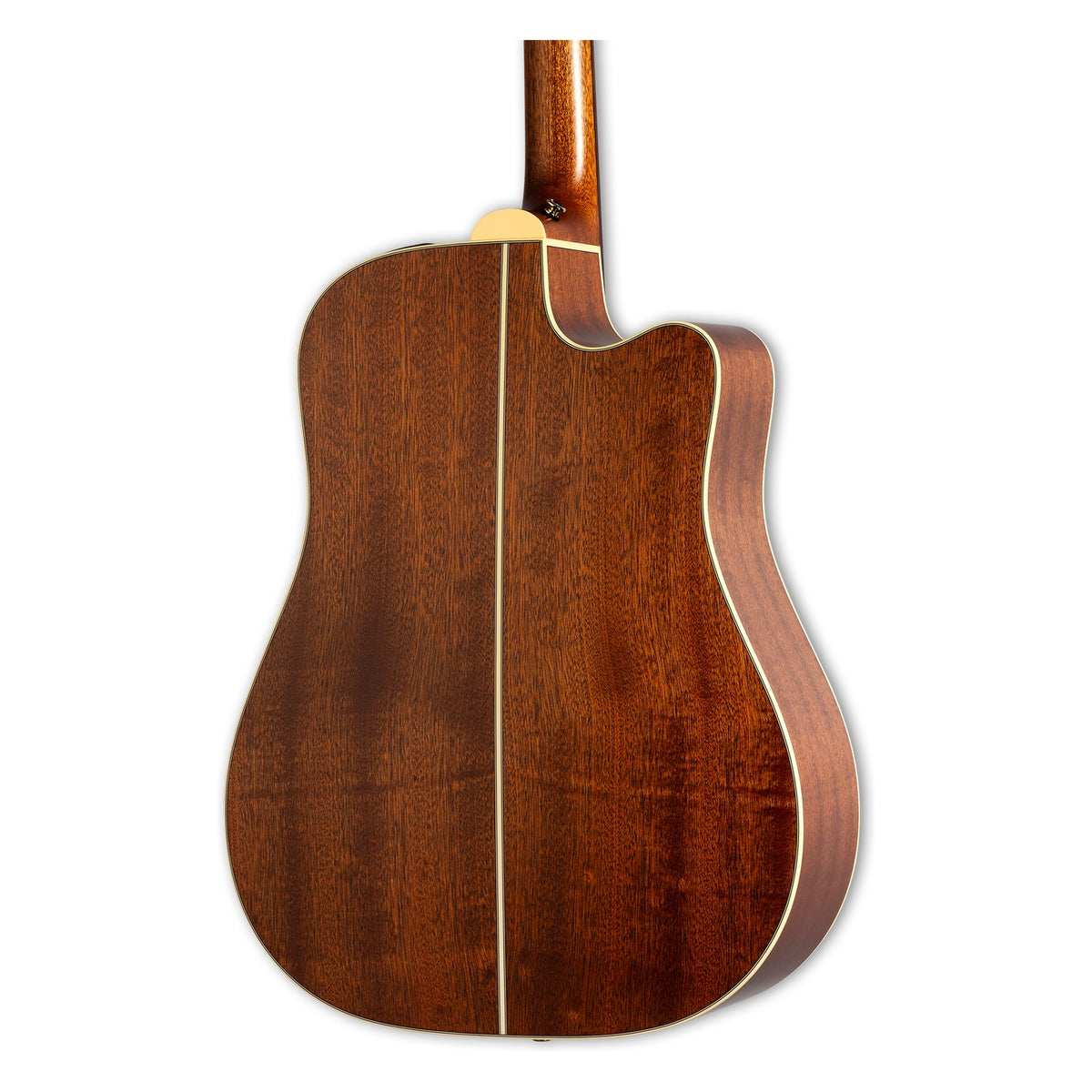 Back of the Takamine P3DC LH body showing the solid sapele back and the heel of the mahogany neck.