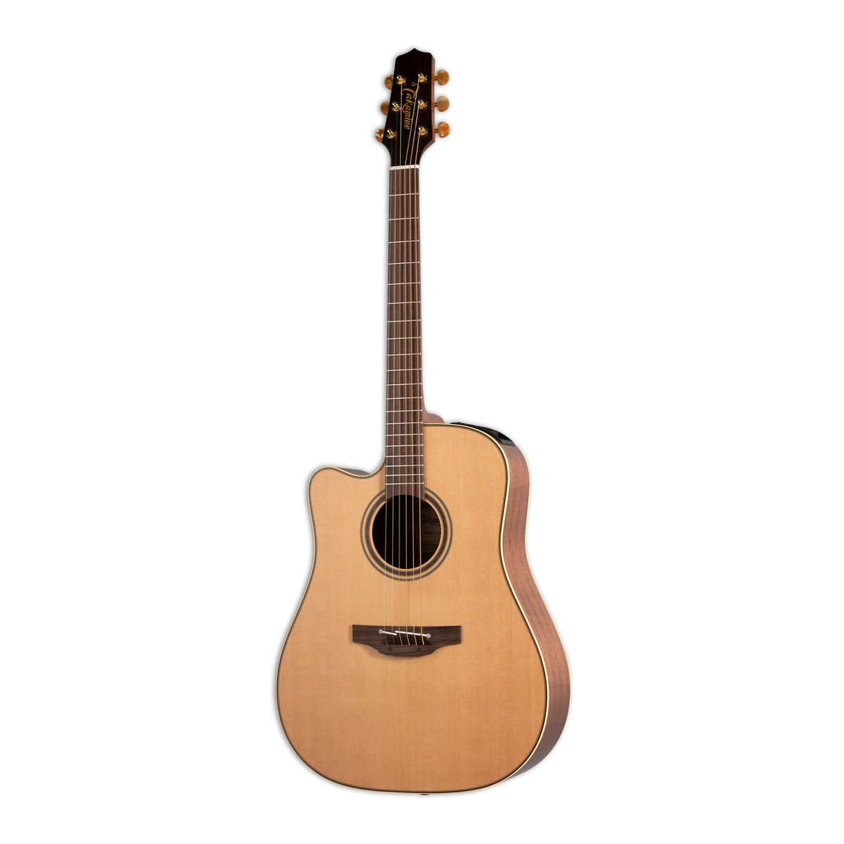 Full front view of the left-handed Takamine P3DC LH dreadnought cutaway guitar standing upright with the headstock at the top.