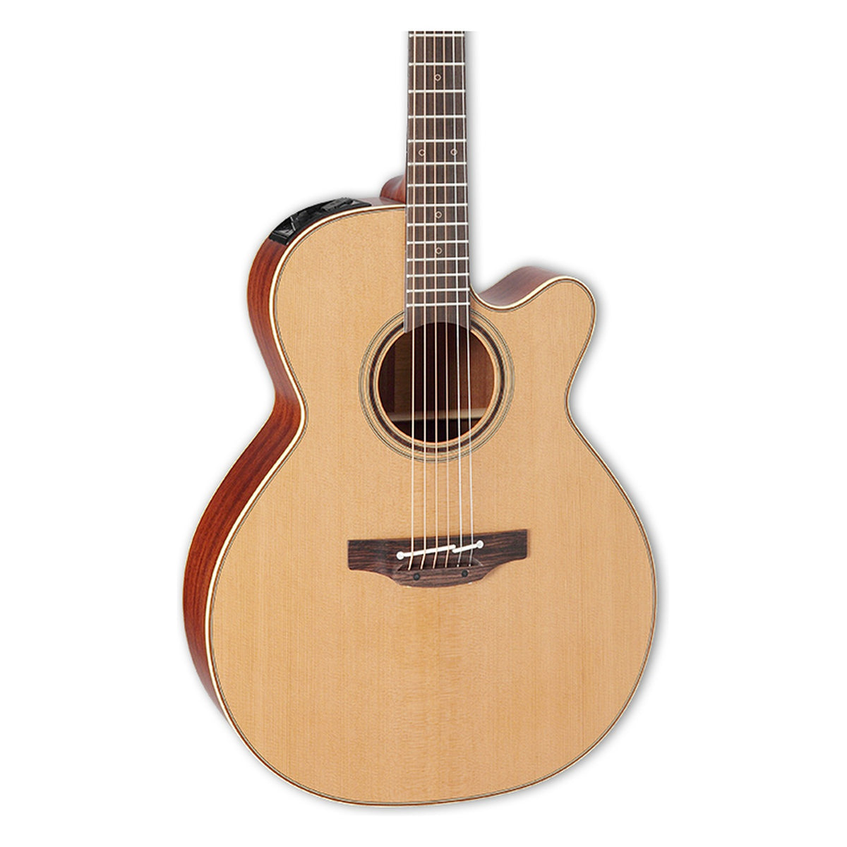 Front of the Takamine P3NC body in a natural satin finish: solid cedar top, cutaway, soundhole rosette and the lower fretboard.