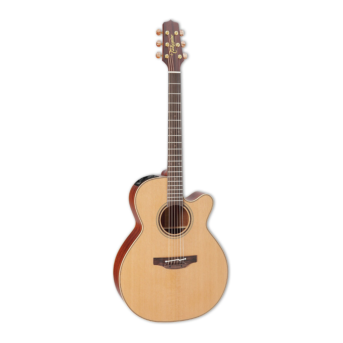 Full front view of the Takamine P3NC NEX cutaway guitar standing upright with the headstock at the top.
