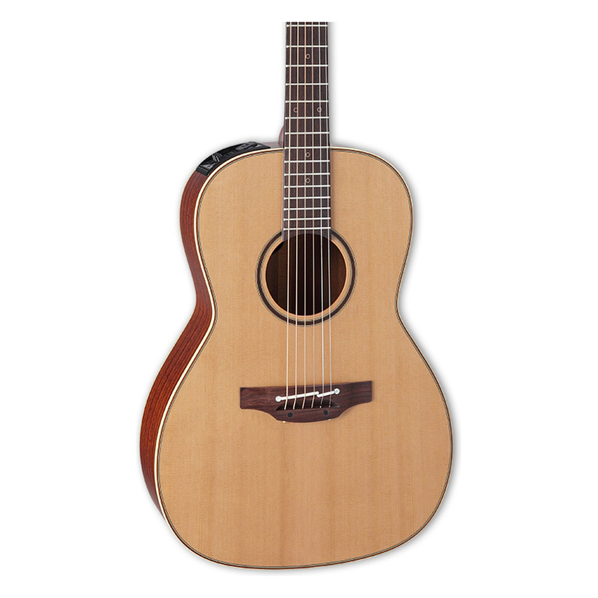 Front of the Takamine P3NY body in a natural satin finish: solid cedar top, soundhole rosette and the lower fretboard.