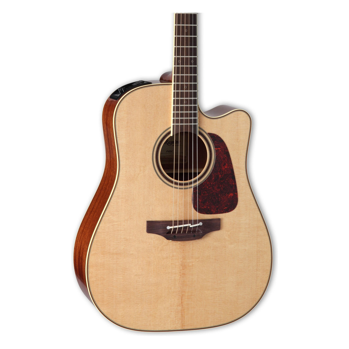 Front of the Takamine P4DC body in a natural gloss finish: solid spruce top, cutaway, soundhole rosette and the lower fretboard.
