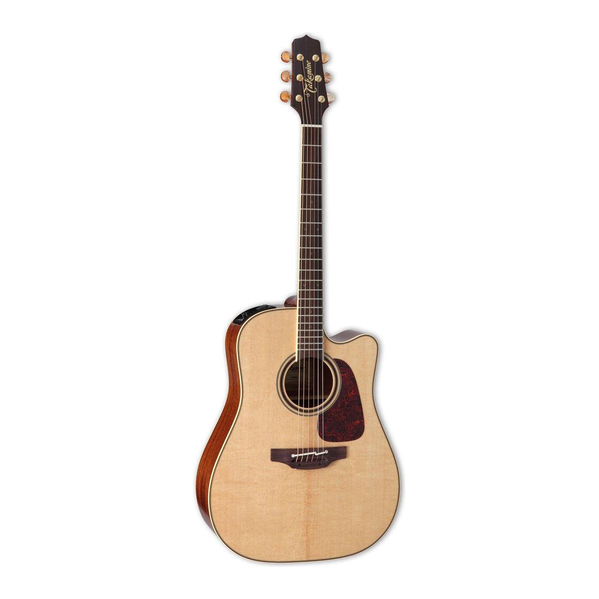 Full front view of the Takamine P4DC dreadnought cutaway guitar standing upright with the headstock at the top.