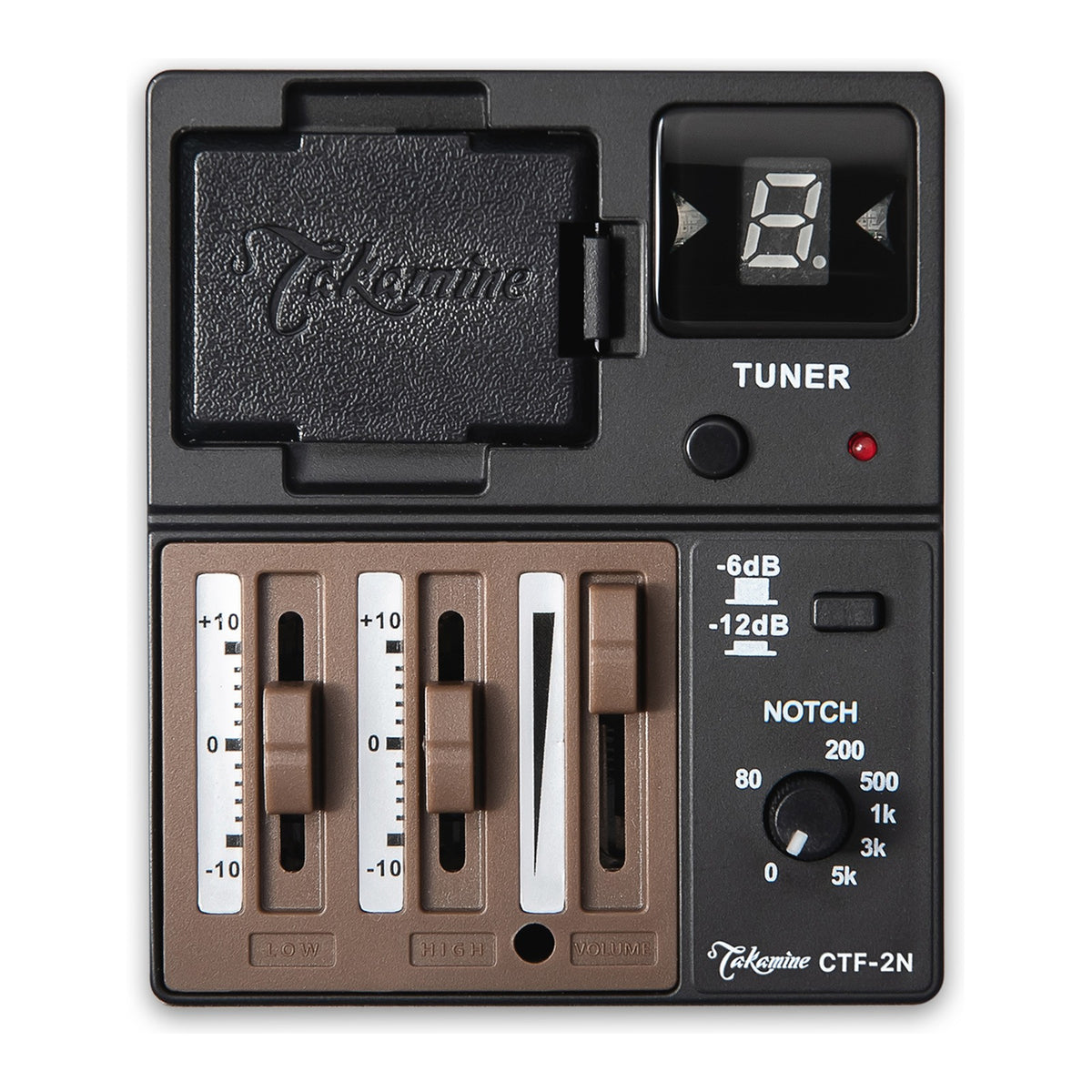 Takamine CTF-2N FET preamp panel with a digital tuner display, tone sliders and a notch control.