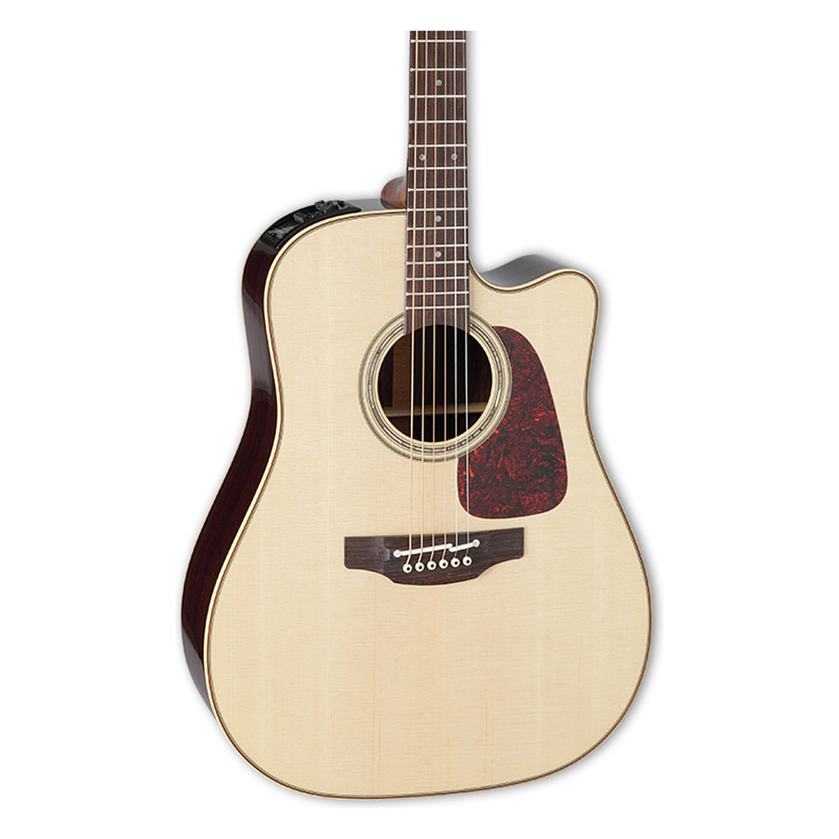 Front of the Takamine P5DC NAT body in a natural gloss finish: solid spruce top, cutaway, soundhole rosette and the lower fretboard.